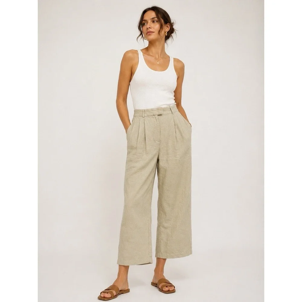 H&M Linen Blend Pleated Cropped Pants Womens US 6 Beige‎ Wide Leg Coastal